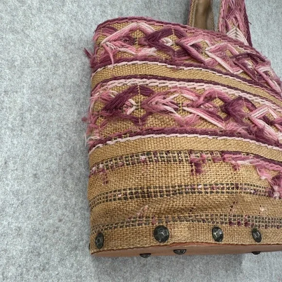 VTG Handmade Burlap Yarn Embroidered Tote Bag Geometric Stitched Pink Brown Boho - Picture 12 of 16